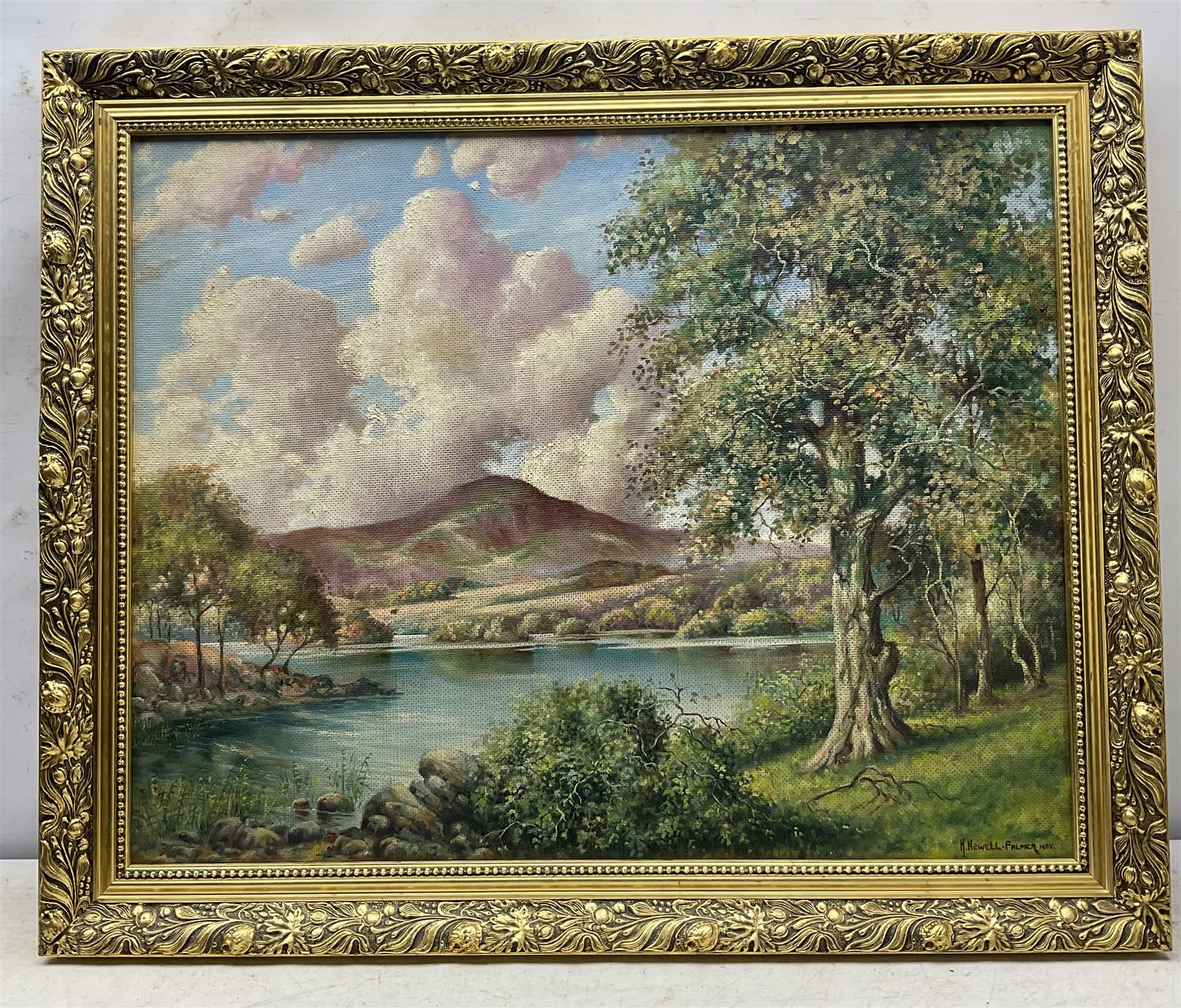 Herbert Newell 'Bert' Palmer (British 1900-1980): Rydal Water, oil on board signed and dated 1955  54cm x 68cm
Notes: better known as an actor, appearing in A Kind of Loving (1962), The Avengers (1961), Nearest and Dearest (1968), and Coronation Street, Bert Palmer was also an accomplished artist.