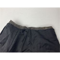 Victorian three piece mourning dress, with lace trim and jet beading, including velvet coat with satin collar panels and cuffs, the nipped waist with boning and slight flared peplum, heavily embellished beaded high neck collar, and ladies embroidered silk lined purse with gilt handle, mount and clasp