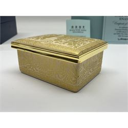 Two Halcyon Days enamel boxes, both of rectangular form, the first depicting Buckingham Palace, 'To Celebrate the Golden Jubilee of Her Majesty Queen Elizabeth', the second depicting the marriage of The Queen and Prince Philip, in celebration of their Diamond Wedding Anniversary, H4cm, W8.5cm, both boxed