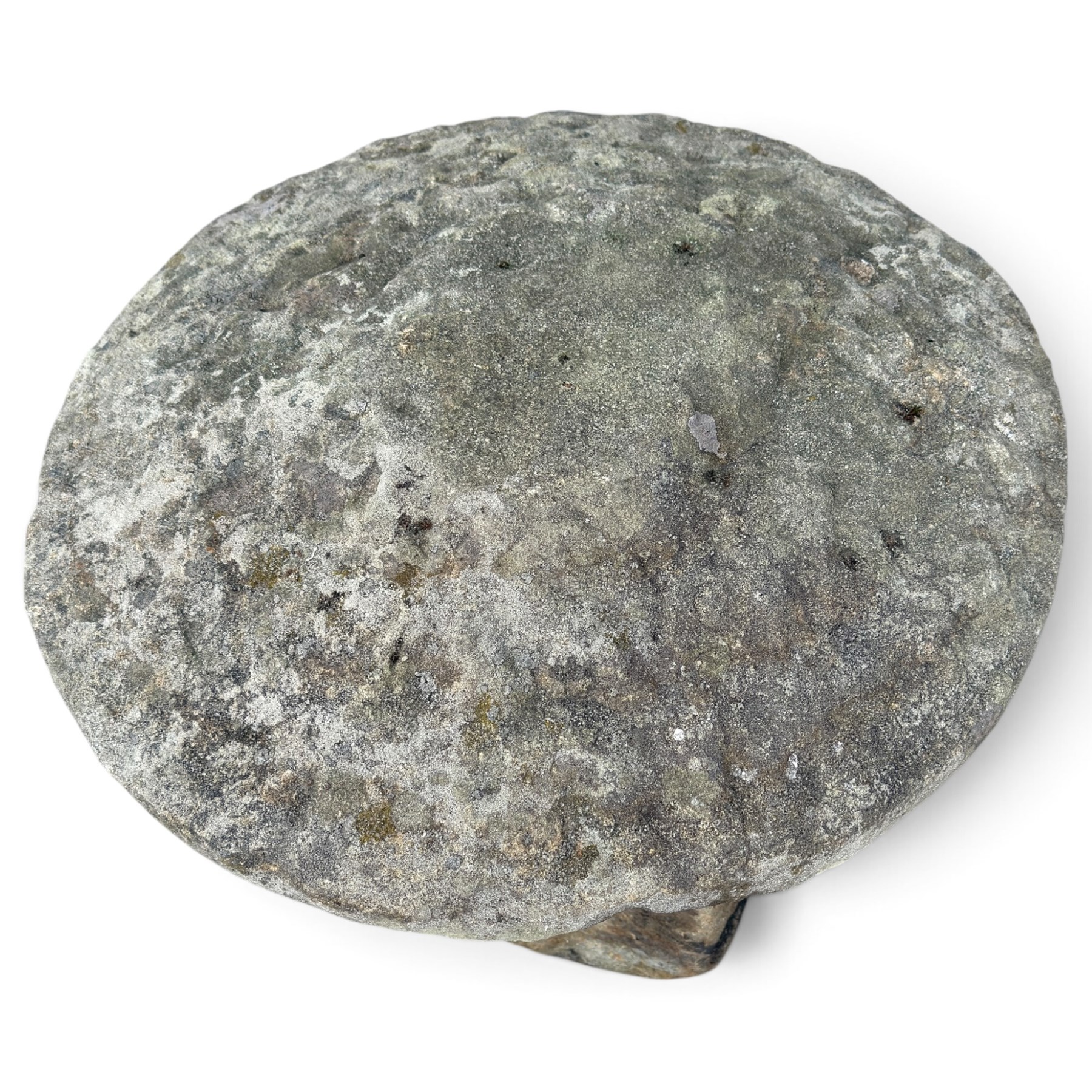Pair of 19th century weathered hewn sandstone two-piece staddle stones, domed circular top over a tapering base