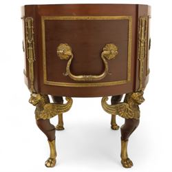 An imposing and richly adorned Empire Revival jardiniere of circular form, decorated with finely cast gilt bronze laurel garlands and floral swags, interior with a modern brass liner, sides with gilt bronze carrying handles, raised on three tripod legs with classical caryatid masks with wings terminating in lion paw feet, circa 1900

Provenance: This jardiniere formed part of the original furnishings of the opulent Empire Room at Kinloch Castle, built by industrialist George Bullough in 1900.

An original inventory number, ‘X954’, is inscribed on one facing, verifying its presence in the Kinloch Castle collection. This jardiniere epitomises the lavish taste of the Edwardian elite and the high standards of craftsmanship employed in the furnishing of Kinloch Castle, the first private home in Scotland to be lit by electricity and famed for its extravagant interiors.



