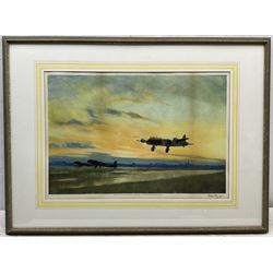 Sir Peter Markham Scott (British 1909-1989): 'Take Off at Dusk' - Bombers, colour print signed in pencil pub. 1942 with Fine Art Trade Guild blindstamp 36cm x 53cm 
Notes: an unusual wartime scene for Scott, best known for his avian pictures.