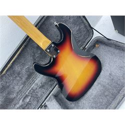 Fender style sunburst electric guitar with manuscript mark 'Zenta Stratocaster 1963' L97cm; in hard carrying case; another similar unmarked sunburst electric guitar; in gig bag; and Fender Frontman Amplifier, serial no.M473406 (3)