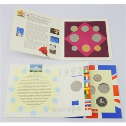  1992 and 1993 United Kingdom brilliant uncirculated coin collections, both containing the dual dated 1992/1993 fifty pence coin (2)  