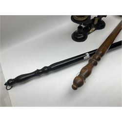 Set of Weylux Prince cast iron and brass weighing scales with weights, together with three copper and brass warming pans and other metal ware