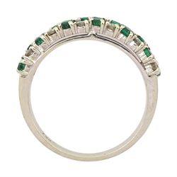 18ct white gold two row round brilliant cut diamond and emerald ring, stamped 750