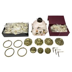 Large quantity of brass finished door knop handles and drop handles, together with a 20th century pink glass lamp shade decorated with butterflies and fruiting vines, ceiling shade fittings, two brass greyhound fire dogs, and four gilt curtain rings, in one box 