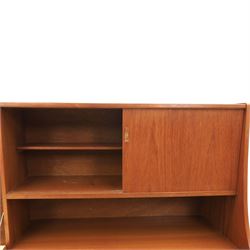 Jentique - mid-20th century teak highboard, fall front cabinet next to a sliding door cupboard above and open recess, the lower section with cabinet doors and three graduated drawers, raised on cylindrical legs