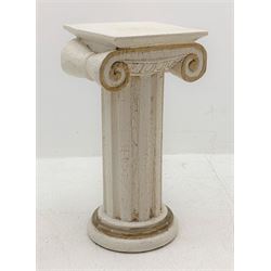 Classical ionic wooden column stand, distressed paint finish with gilt detail, 31cm x 29cm, H64cm