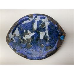 Henry George Murphy (1884-1939), Arts & Crafts enamel panel, of bulbous elliptical form decorated with a stylised crown in green, red and white, upon a turquoise toned ground, H12cm W9cm