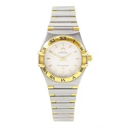 Omega Constellation ladies bi-colour quartz wristwatch, silvered dial with baton hour markers and Roman numeral bezel, on original Omega bracelet, with fold-over clasp