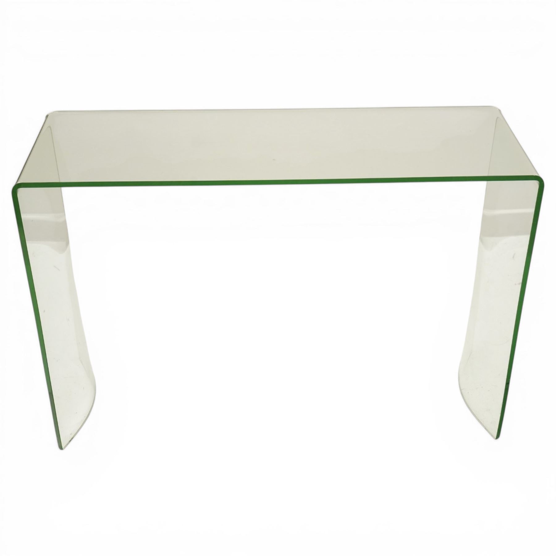Ochre - contemporary glass console table, rectangular top over shaped twin end supports with concave terminals