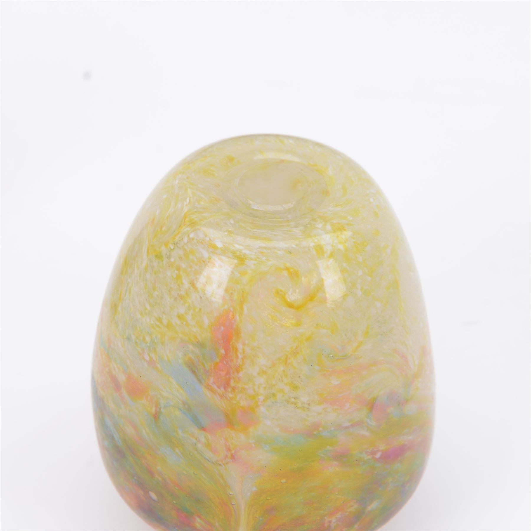 Two Monart style glass vases of ovoid form, with swirling yellow, white and pink inclusions throughout, largest H17cm