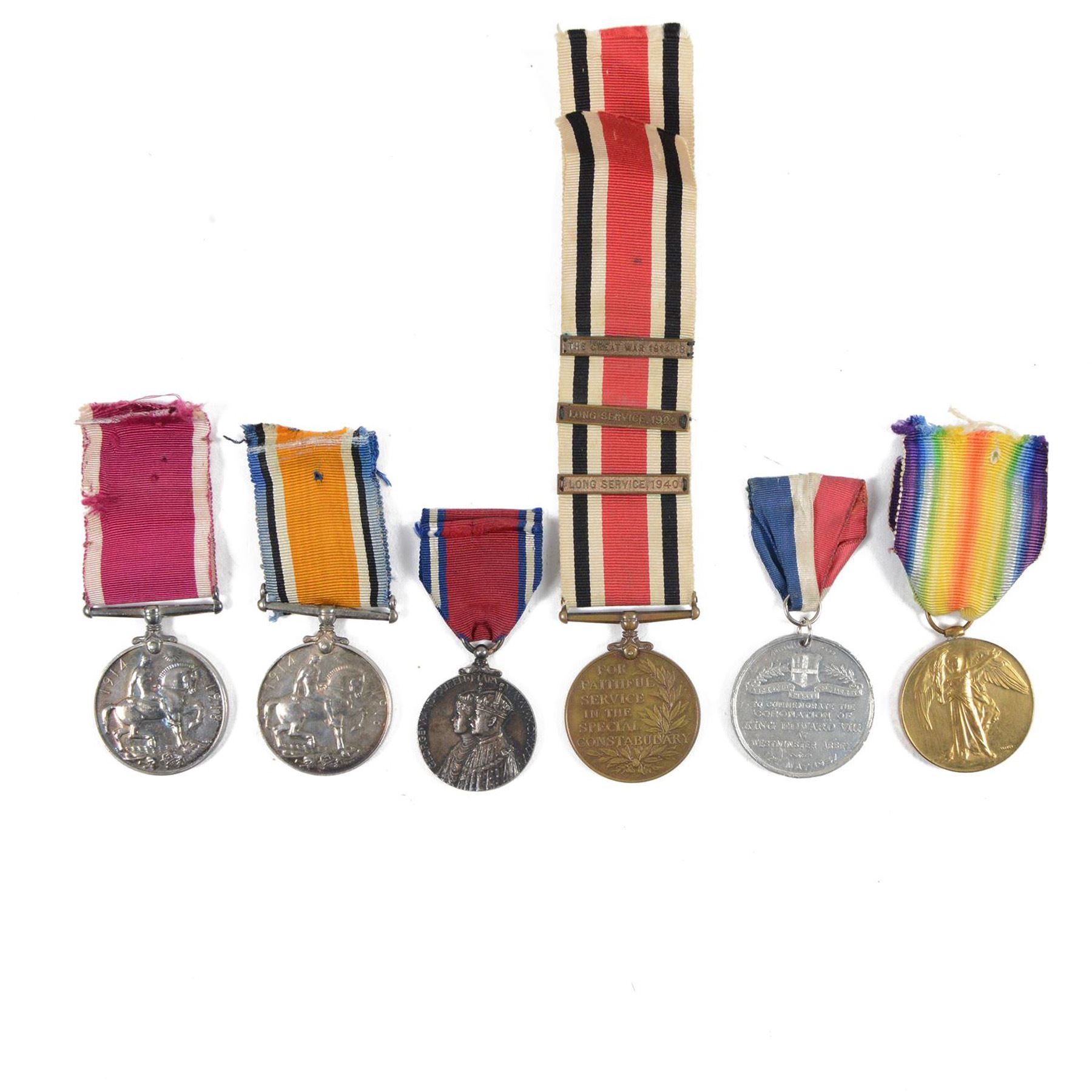 Collection of WWI medals, including, Victory medal and two War medals, all awarded to different persons, together with Special Constabulary medal with The great war 1914-18, Long Service 1929 and Long Service 1940 claps and one other medal