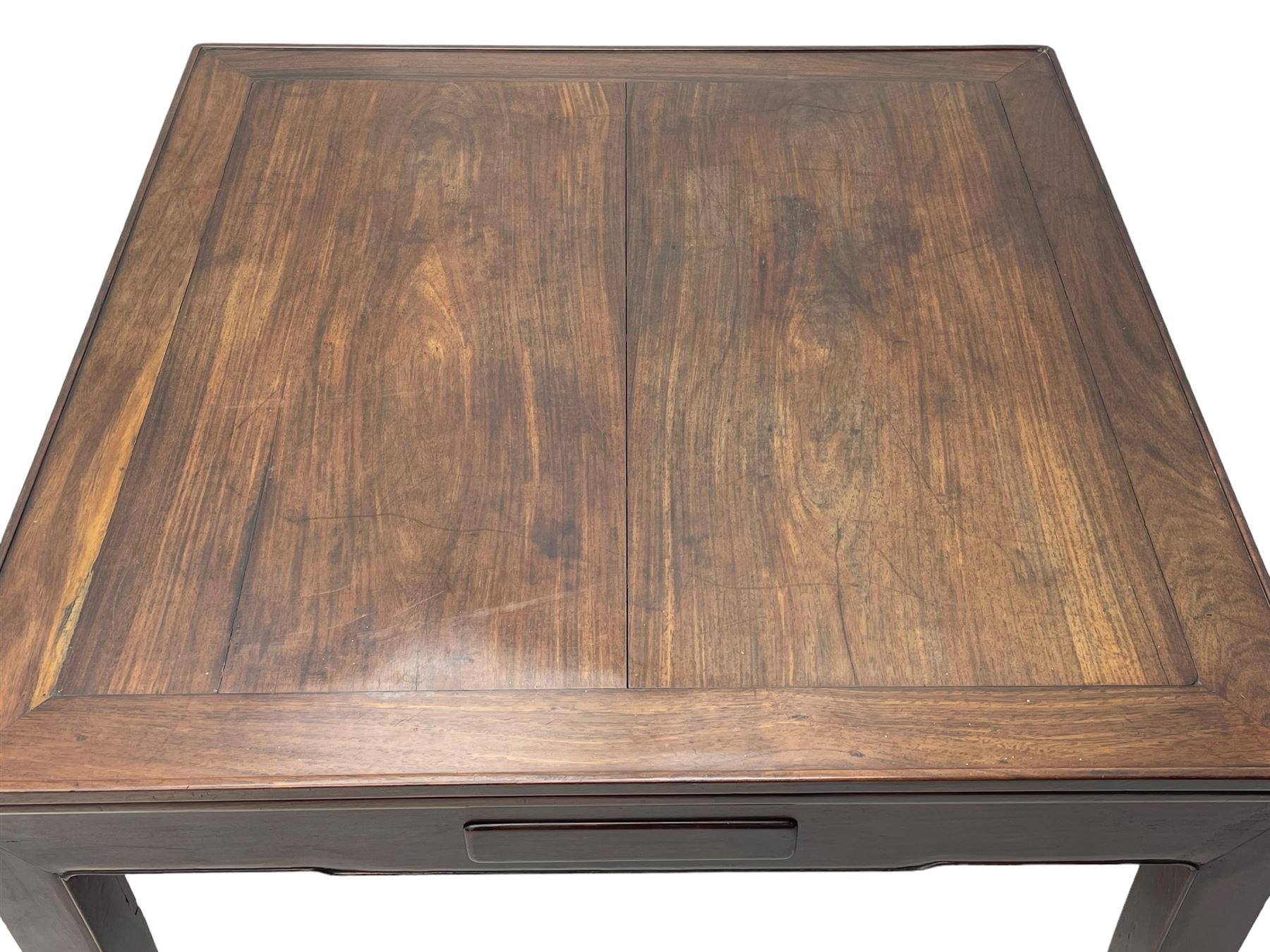 Fine 19th century Chinese Qing dynasty hmong wood mahjong or coffee table, Ming design, square top with raised moulded lip, each side fitted with small drawer, on square supports with hoof feet