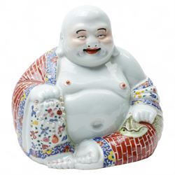 Chinese Famille Rose porcelain model of the laughing Buddha, early Republic period, impressed seal mark to base H26cm