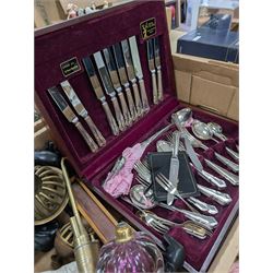 Silver plated cocktail shaker and goblets, knot display, House of Fraser silver plated canteen, costume jewellery, etc 