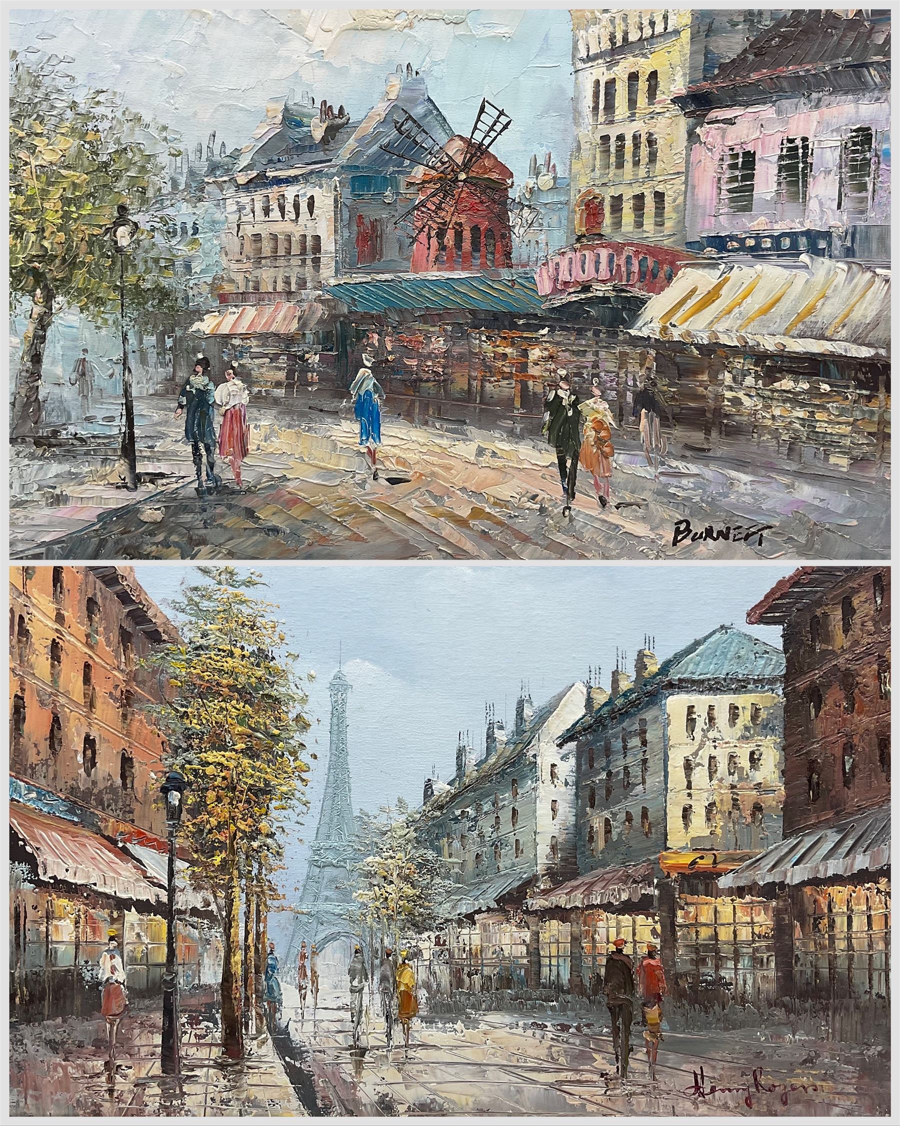 French School (Late 20th Century): Parisian Views, pair oils on canvas signed 'Burnett' and 'Henry Rogers' respectively 39cm x 49cm (2)