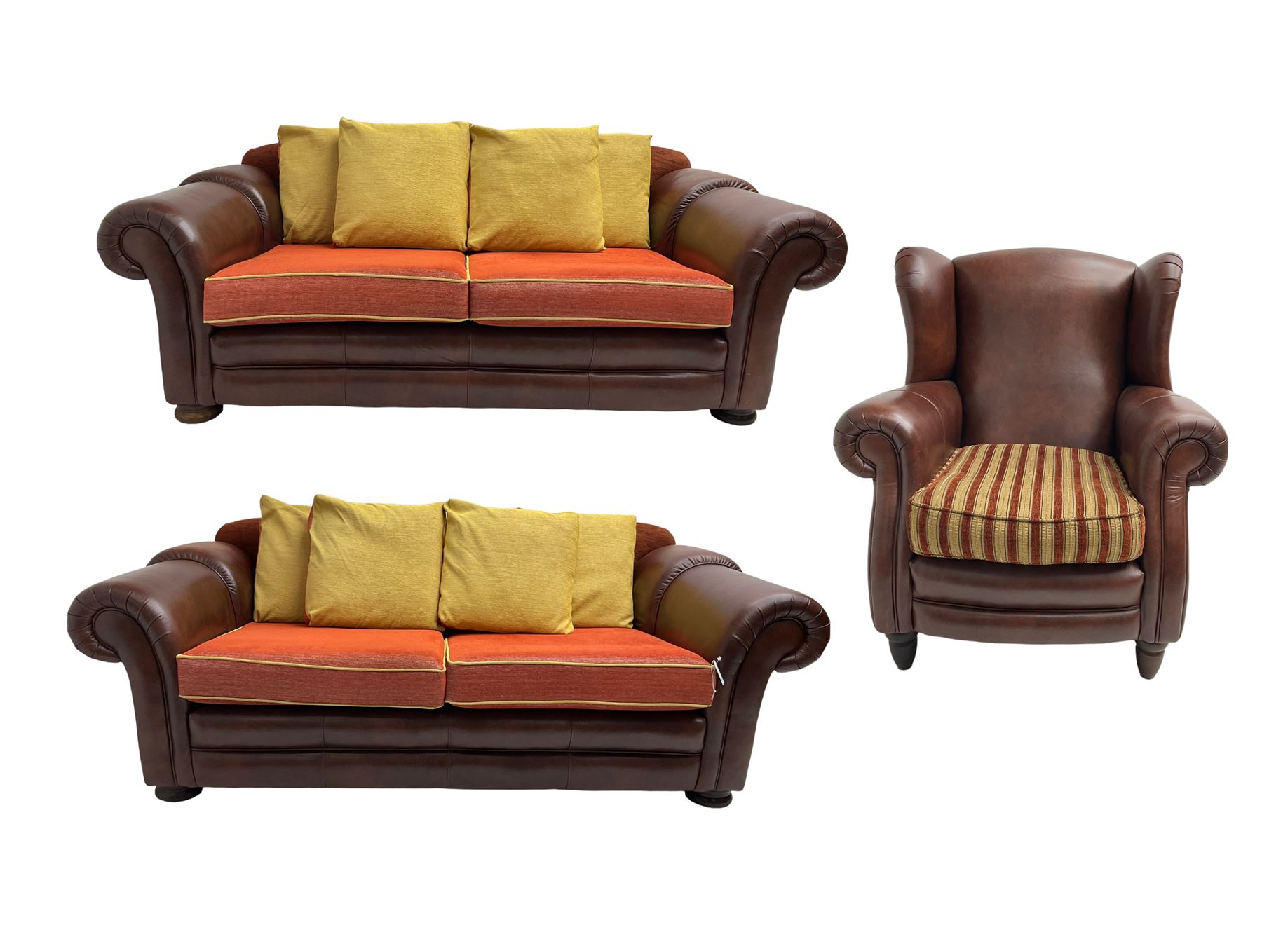 Gainsborough Lounge Suites - three piece leather and fabric lounge suite - pair two seat sofas (W225cm, H82cm, D105cm), and matching armchair (W88cm), on turned front feet with scatter cushions