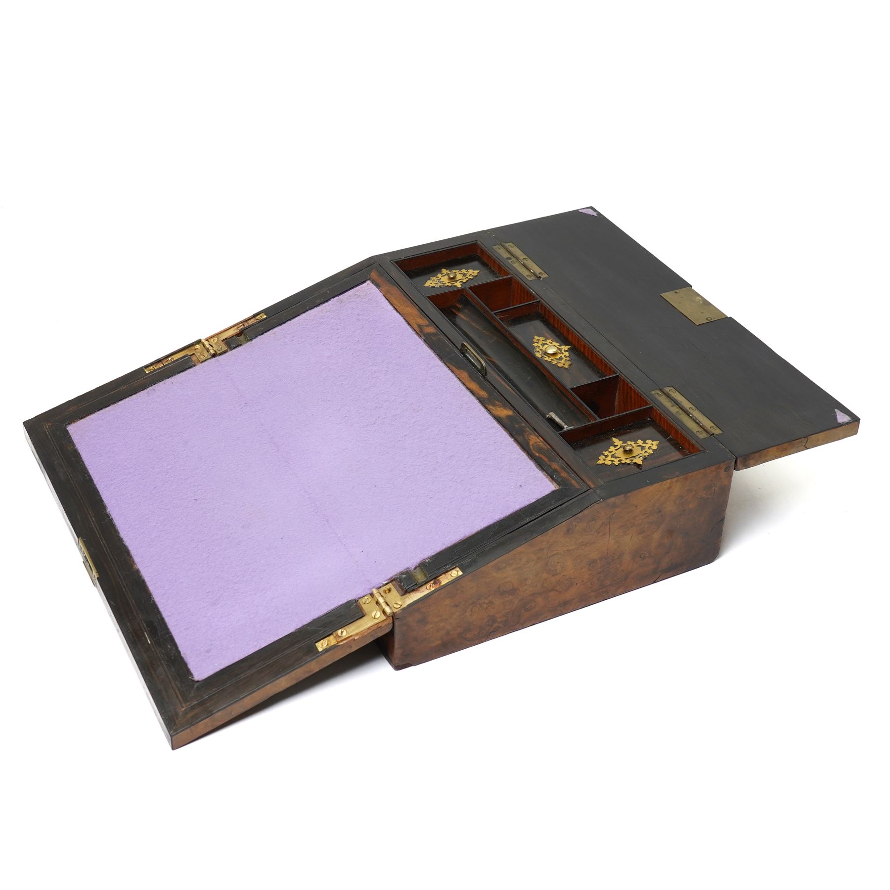 Victorian figured walnut writing slope, with brass mounted gothic decoration to cover opening to reveal purple slope, and compartmentalised interior, with key, W35cm