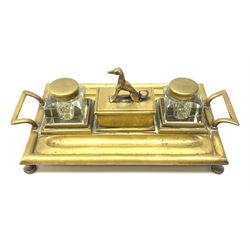 Brass desk stand, with a pair of square glass inkwell with brass lids,  33cm x 18cm x 13cm