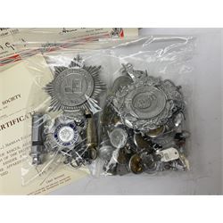 Archive of memorabilia and ephemera relating to Pc. (later Sgt.) Geoffrey Robinson of Dewsbury (later West Yorkshire) police force including cased Long Service and Good Conduct Medal; helmet plates and cap badges, collar numbers and uniform buttons, whistles, certificates, photographs, plaque etc 1960s - 1990s