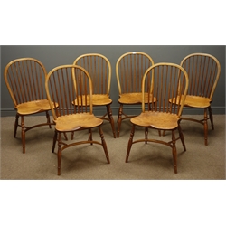  Set six elm stick hoop back chairs with wide saddle seats, turned supports and crinoline stretchers  