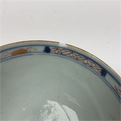 Chinese ceramic bowl, painted with floral and foliate decoration on a white ground, together with a similar much smaller Chinese bowl, painted with mountain scene to centre and covered by basket weave to exterior and a white metal mounted pear shaped scent bottle, largest bowl D11cm