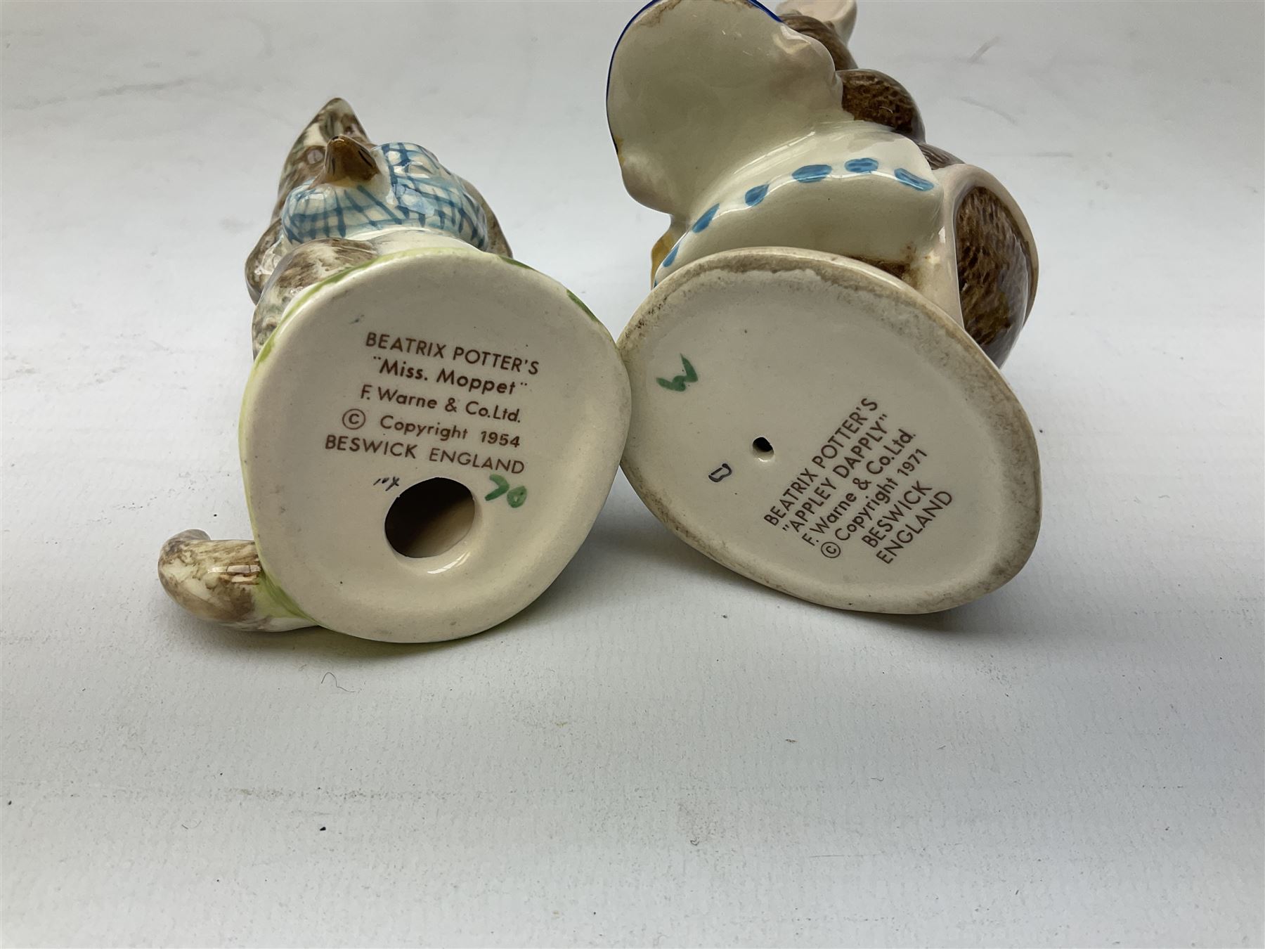 Nine Beswick Beatrix Potter figures, comprising Tabitha Twitchett, Appley Dapply, Tom Kitten Tailor of Gloucester, Ribby, Hunca Munca, Amiable guinea-pig, Miss Moppet and Poorly Peter rabbit,  all with printed mark beneath 