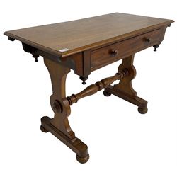 Victorian design mahogany side table, fitted with single drawer, raised on shaped end supports with bun feet, united by turned stretcher