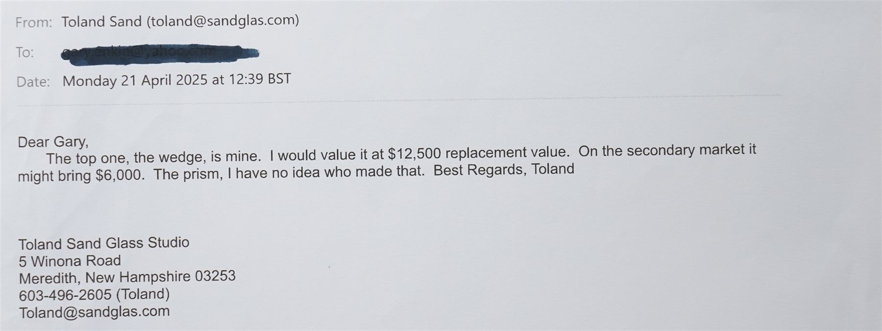 Toland Sand (American Contemporary): The Wedge - sculptural form made from cut, ground, polished and laminated optical glass with dichroic glass inclusions, signed and numbered 1225, 6-99. H39cm