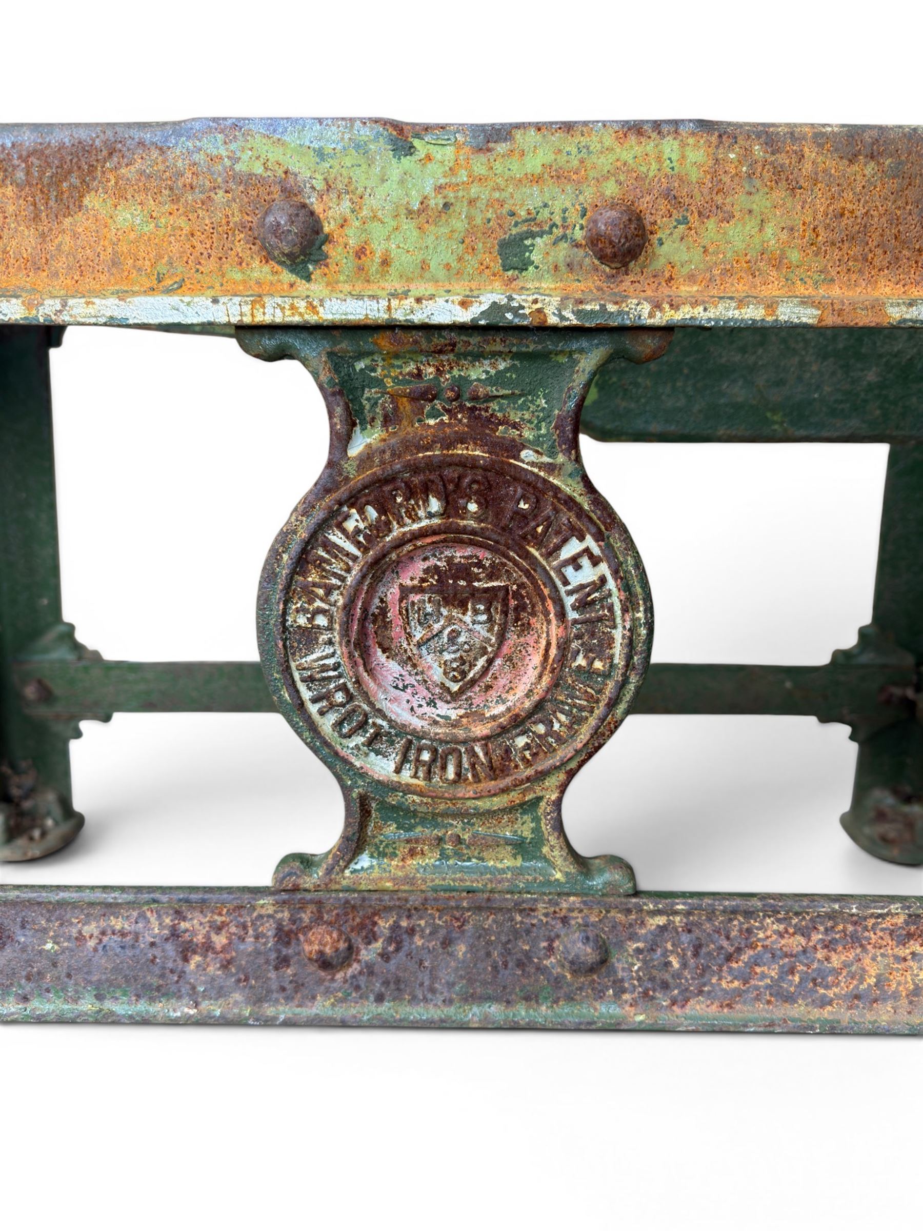 19th century heavy cast iron garden / machine table base, by Henry Bamford & Sons, with plaque, no. 3374, part of the JCB family