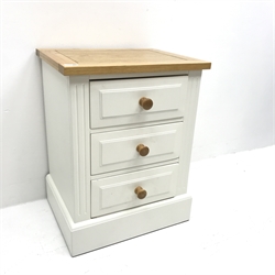 Oak and white finish lamp chest, three drawers, platform base, W53cm, H69cm, D41cm