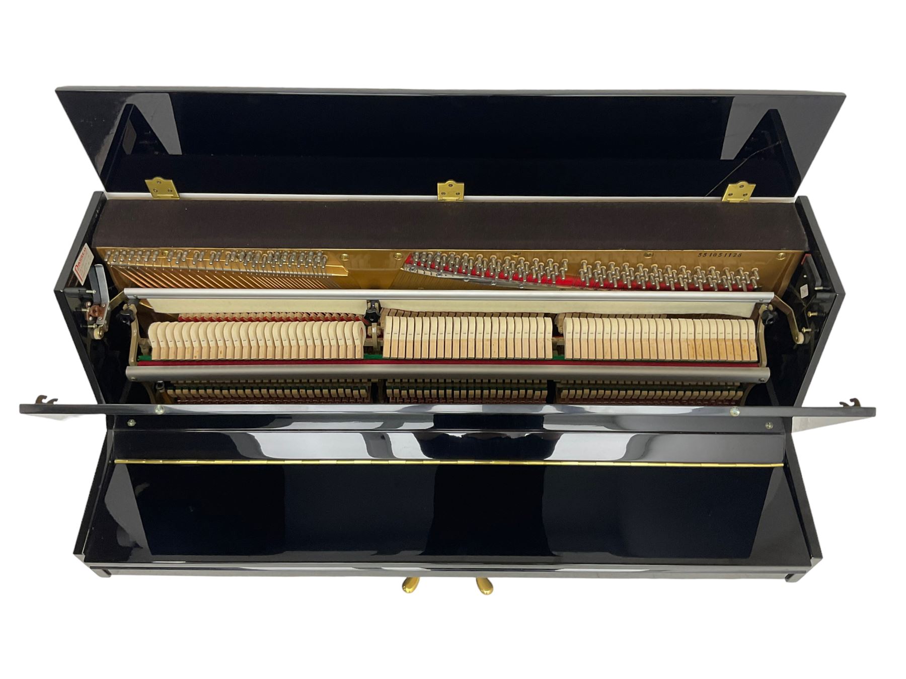 Steinmayer - contemporary upright piano in a black lacquered case, iron  over strung frame with an underdamper action, internally operated hammer  mute, sustain and Una-corda pedals, with a 6 octave 73 - Musical Instruments