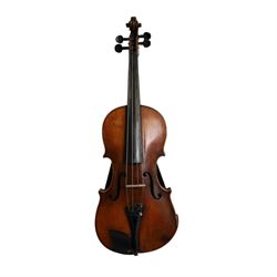 19th century violin, bearing indistinct label to interior, with single piece back, with bow contained within fitted case, violin L60cm