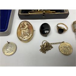 9ct gold black onyx signet ring, gold-pated locket, on 9ct gold chain, 9ct gold Audax ladies wristwatch, on expanding gilt bracelet, 9ct gold cameo brooch, Longines ladies wristwatch, silver pendant necklace and other jewellery