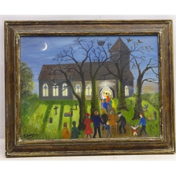  'Our Village Evensong', oil on board signed by Jocelyn Ivanyi (nee Entwistle1902-1993), with Royal Acadamy Summer Exhibition label verso 30cm x 40cm  