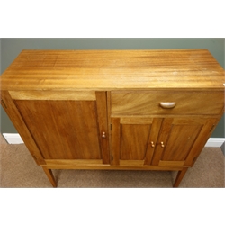  Craftsman made teak side cabinet fitted with three cupboards and single drawer, square tapering supports, W102cm, H102cm, D36cm  