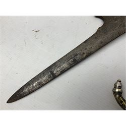 Moroccan jambiya dagger with 24.5cm plain curved blade stamped LONDON to the ricasso area, the hilt and scabbard overlaid with plain sheet brass to the back and ornate silver coloured metal to the front; waisted grip and arched pommel; two pyramid mounts to the scabbard L41cm overall; large billhook with curving blade and stacked leather washer grip; and a reproduction halberd blade (3)