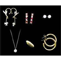 9ct gold jewellery including pair of hoop stud earrings, cubic zirconia flower stud earrings, false finger nail, pair of cubic zirconia stud earrings and similar pendant necklace and a pair of red and white cubic zirconia hoop earrings