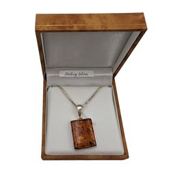 Silver rectangular Baltic amber pendant necklace, stamped 925, boxed 