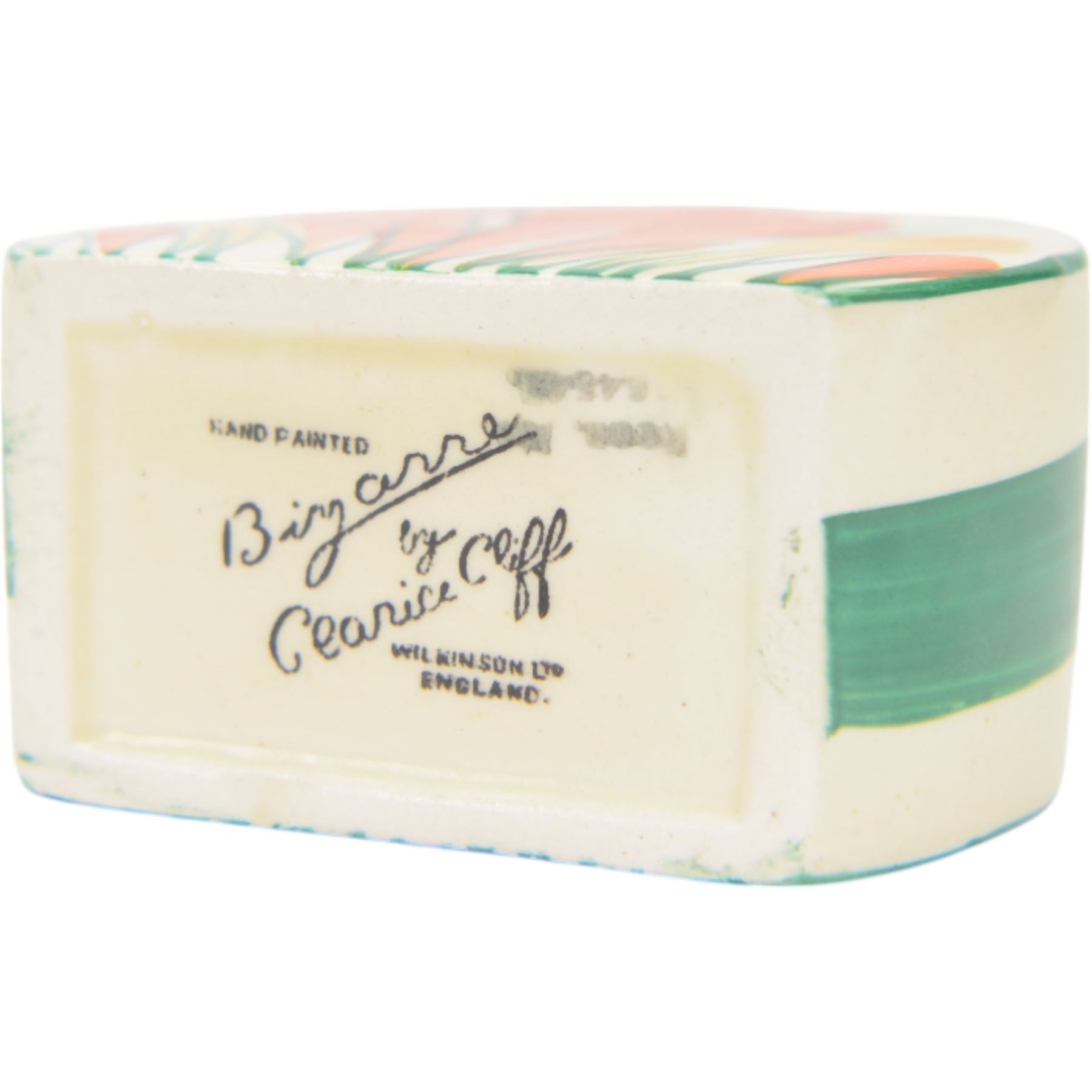 Clarice Cliff Biarritz Bonjour shape tea service for six, in Sungleam Crocus pattern, comprising teapot, milk jug, open sucrier, cups and saucers, all with printed Biarritz by Clarice Cliff  Wilkinson Ltd England beneath, teapot H20cm

