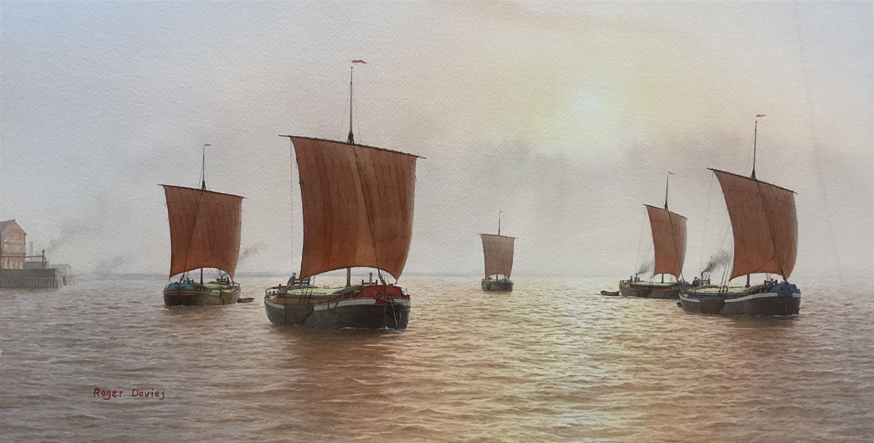 Roger Davies (British 1945-): Humber Keel Boats, watercolour signed 27cm x 53cm 