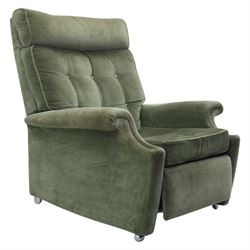 Parker Knoll - mid 20th century reclining armchair, upholstered in green velvet button fabric