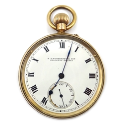  9ct gold pocket watch, no 345419 by T A Woodroffe & Son Stockton on Tees, Birmingham 1922   