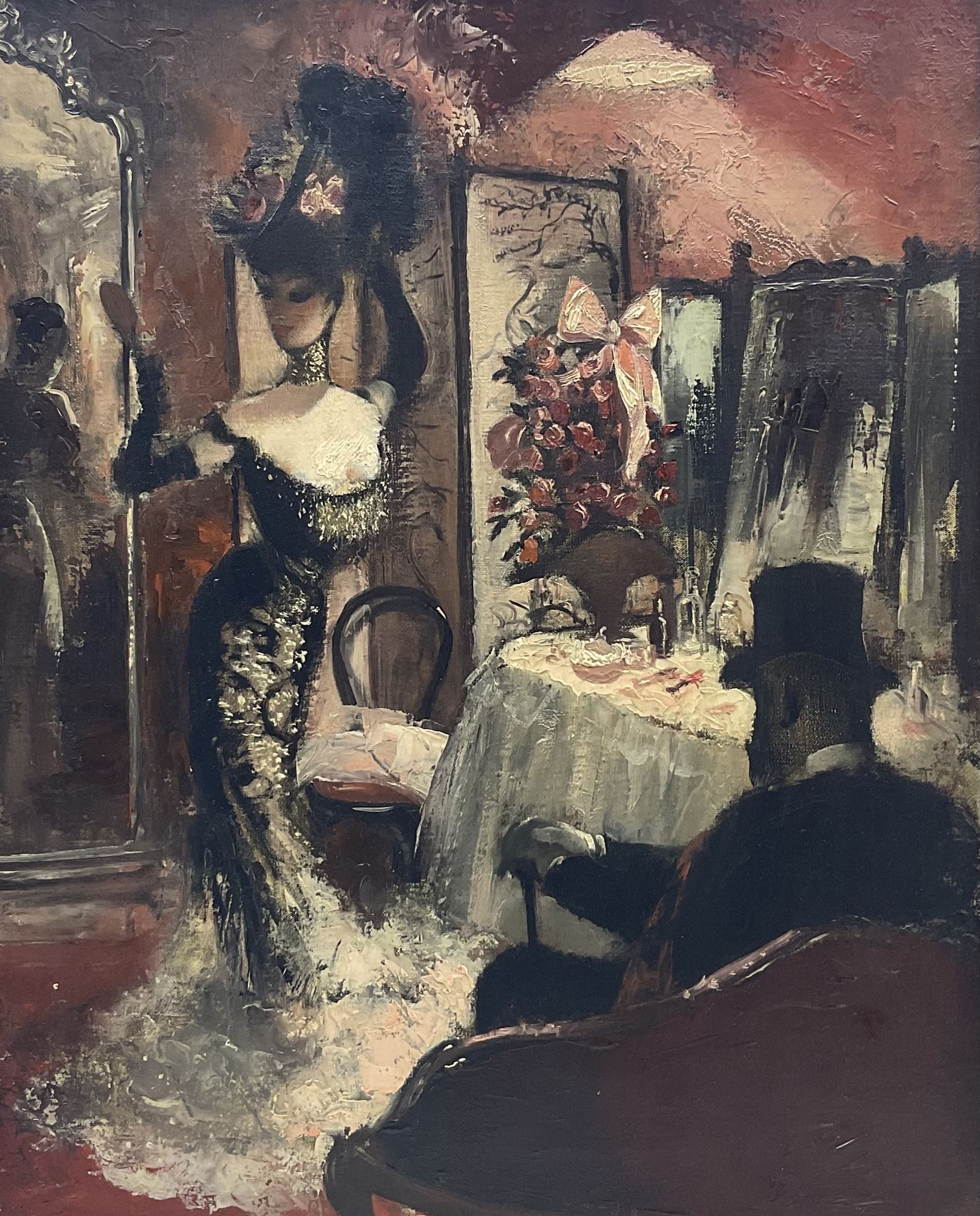 Anna Katrina Zinkeisen (Scottish 1901-1976): 'Black and Red' - Edward VII and Lillie Langtry, oil on canvas unsigned, titled and indistinctly inscribed verso 50cm x 39cm 