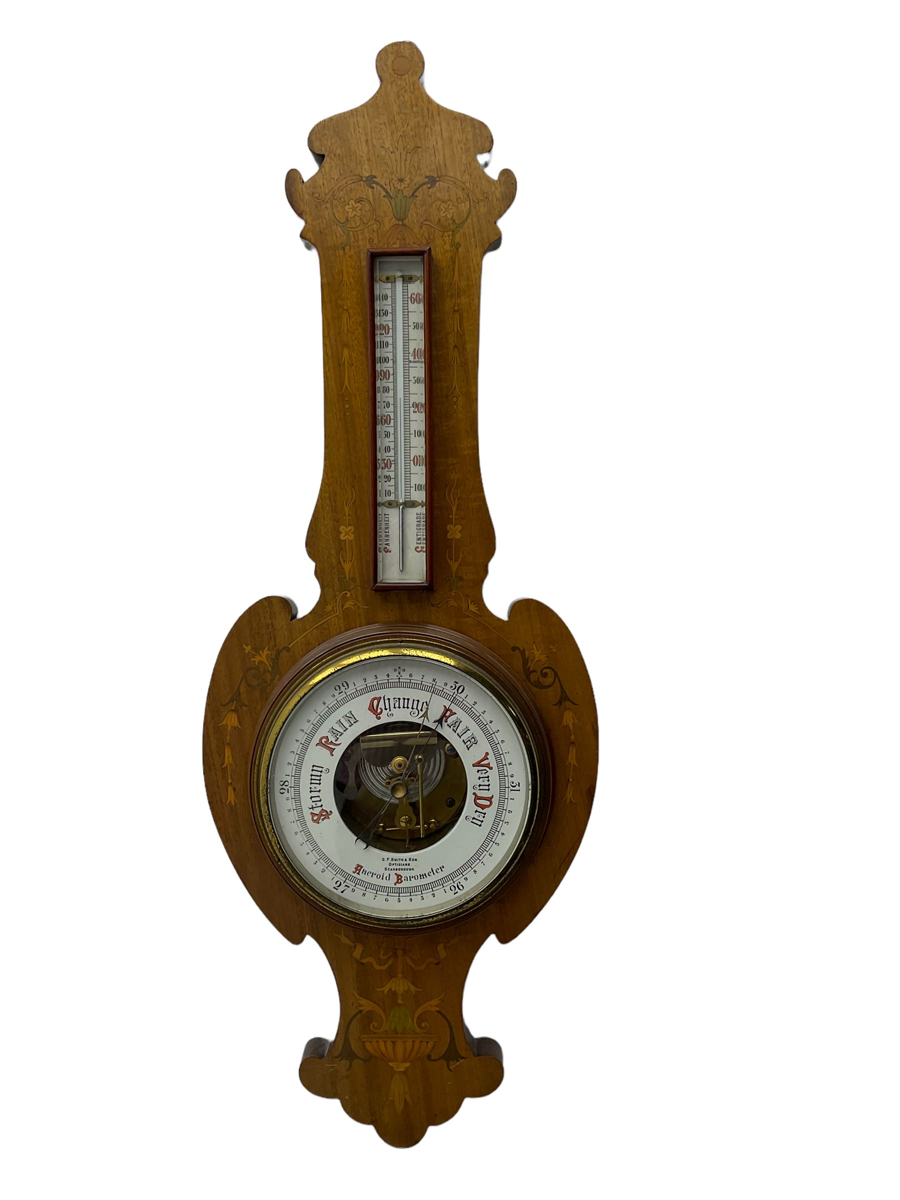 Edwardian art Nouveau aneroid barometer in a mahogany case inlaid with