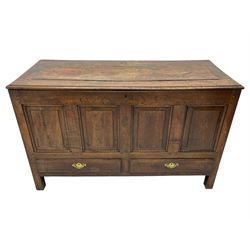 Georgian oak mule chest, moulded rectangular hinged lid over quadruple fielded panel front, the frieze inscribed '17 A Y 57', fitted with two drawers, panelled ends and back, on stile supports