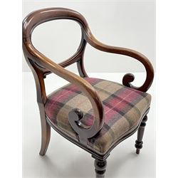 Matched set of six Victorian mahogany balloon back chairs, seats upholstered in Abraham Moon 'Skye Heather' tartan, the carver with down swept scrolled arms, five side chairs and carver, on turned fluted supports
