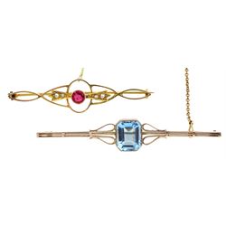 Gold blue stone set brooch and a god pink stone and seed pearl brooch, both 9ct stamped